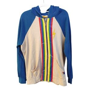 Aviator Nation 5-Stripe Lightning Bolt Zip Up Hoodie Blue Cream Unisex Large